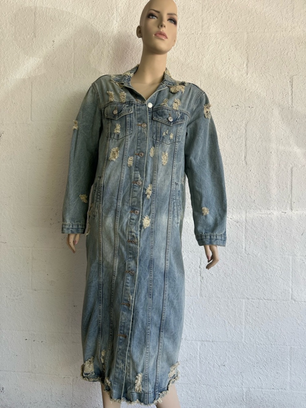 Carole Christian Long Jean Jacket Boho Grunge Duster Small